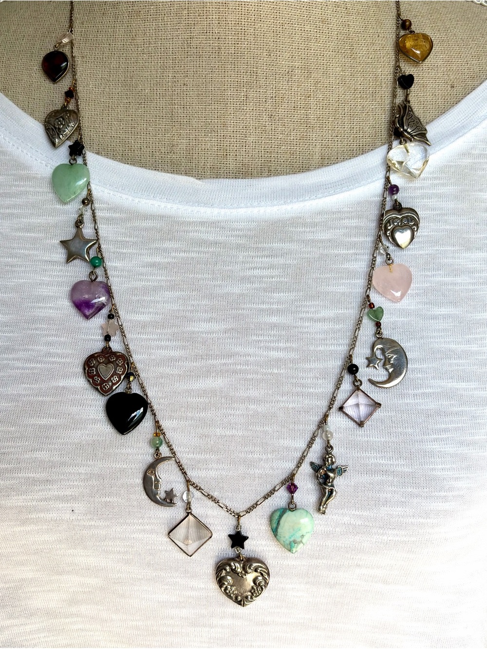 OOAK Sterling Silver Celestial Charm Necklace | Hearts, Moons & Gemstones